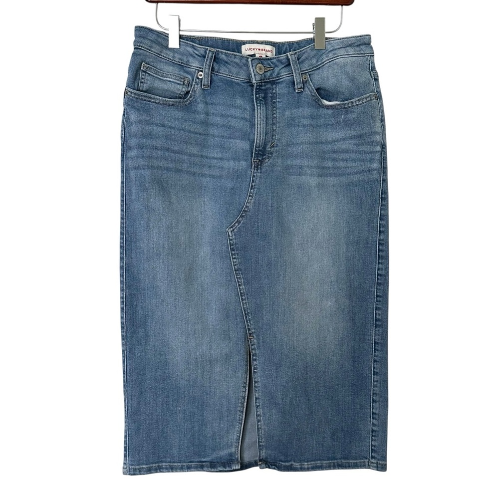 LUCKY BRAND Denim Midi Skirt 8/29 Medium Blue Wash Stretch Pencil Classic
